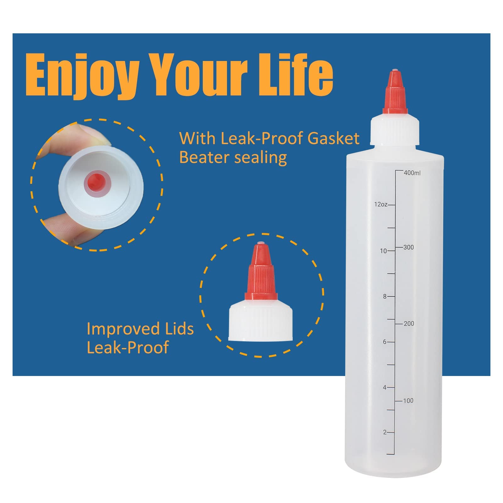 Belinlen 6 Pack 12 Oz Graduated Plastic Squeeze Squirt Condiment Bottles With Red Twist On Cap Lids - For Condiments, Oil, Icing